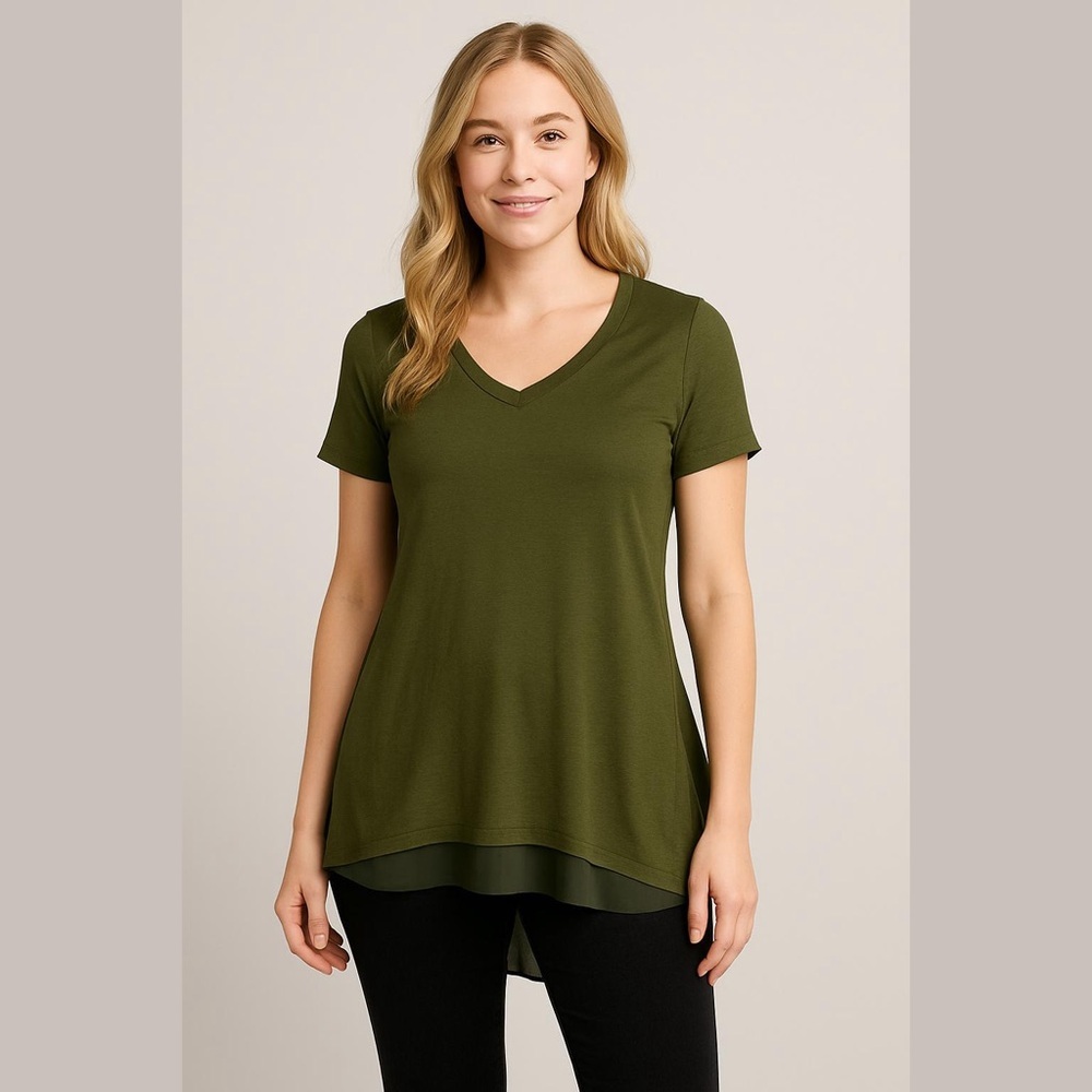 LOGO by Lori Goldstein Olive Green Peplum Tunic Top Size XS Chiffon Layer at Hem